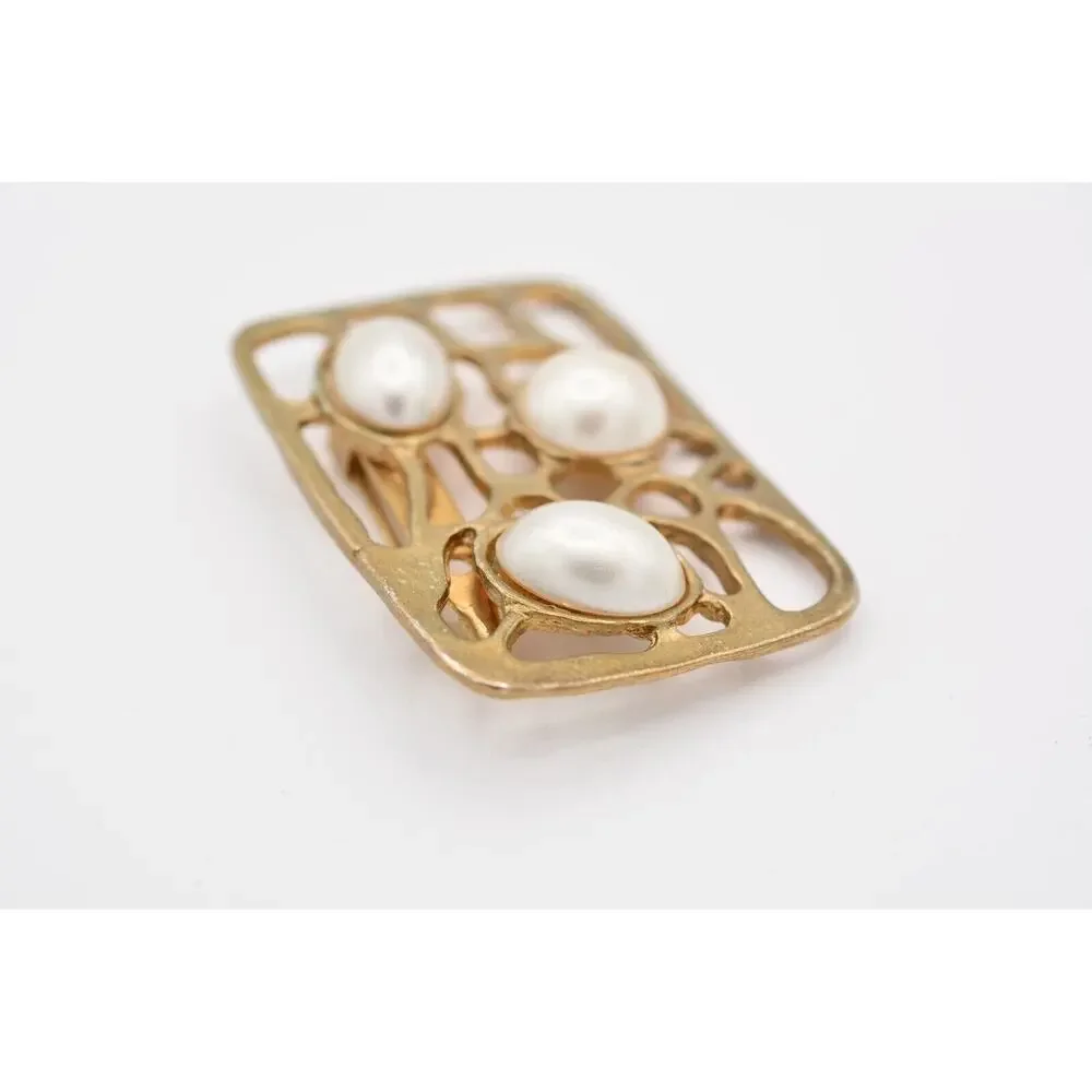 Vintage Rectangle Filigree Pin Brooch White Pearl Gold Tone 90s 1990s BinAT